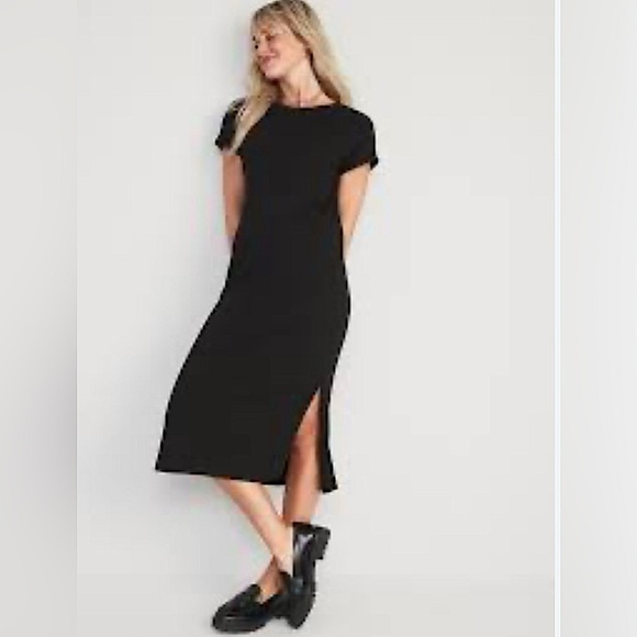 Old Navy Black Rib-Knit Midi Shift Dress M | Stretch Jersey, Short Sleeve - Picture 1 of 11